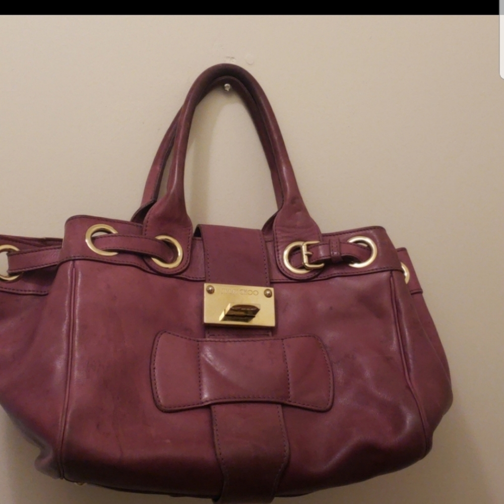 Jimmy Choo Leather Satchel Handbag in Plum with Gold Hardware